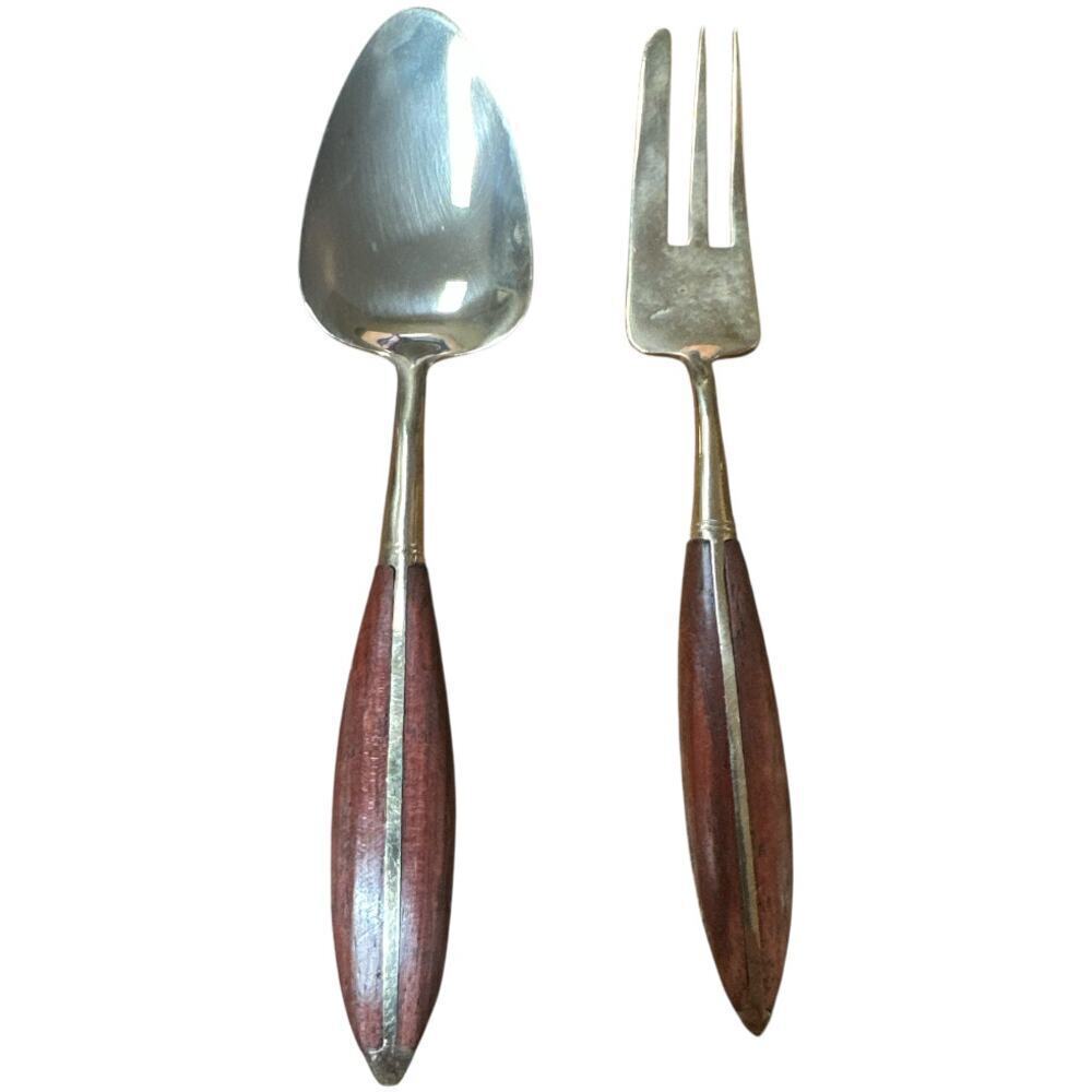 Vintage 60's Rosewood Brass Condiment Utensil Forks & Spoons Set Of 8 Persons